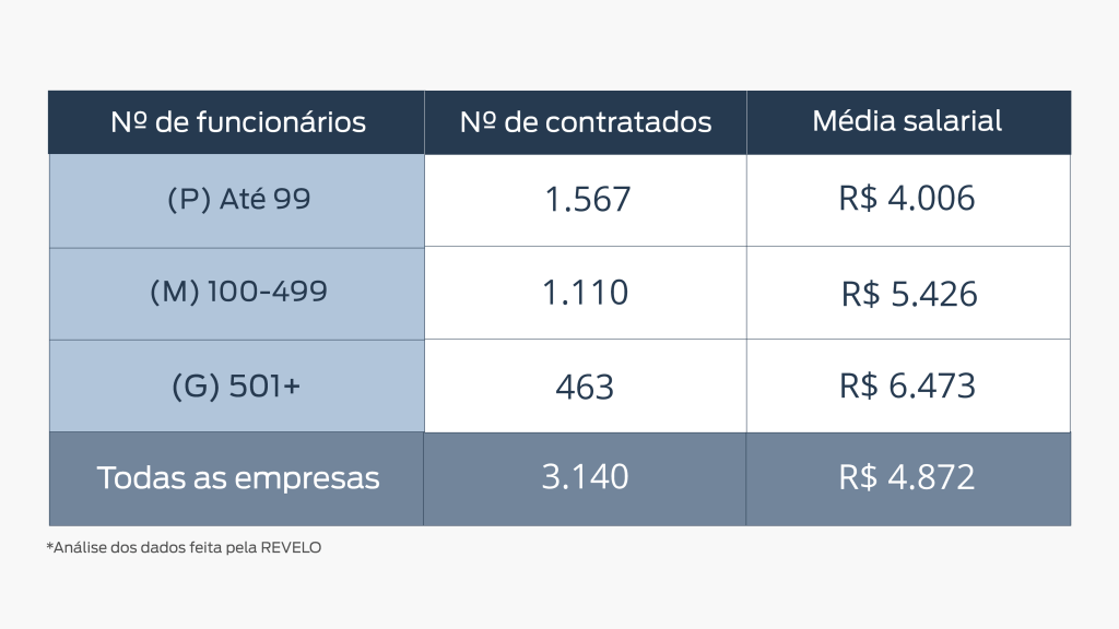 Quadro representativo de número de funcionários, número de contratados e média salarial das empresas de Belo Horizonte.