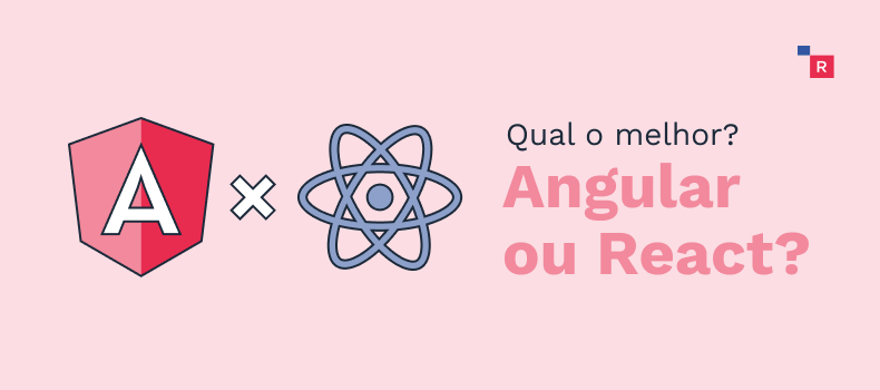 a esquerda a ilustração da logo angular e ao lado logo do react e a direita a frase: qual o melhor Angular ou Reat?