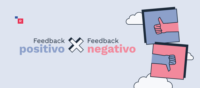 a direita a frase: Feedback positivo X feedback negativo e a esquerda duas mãos com sinal de positivo e negativo